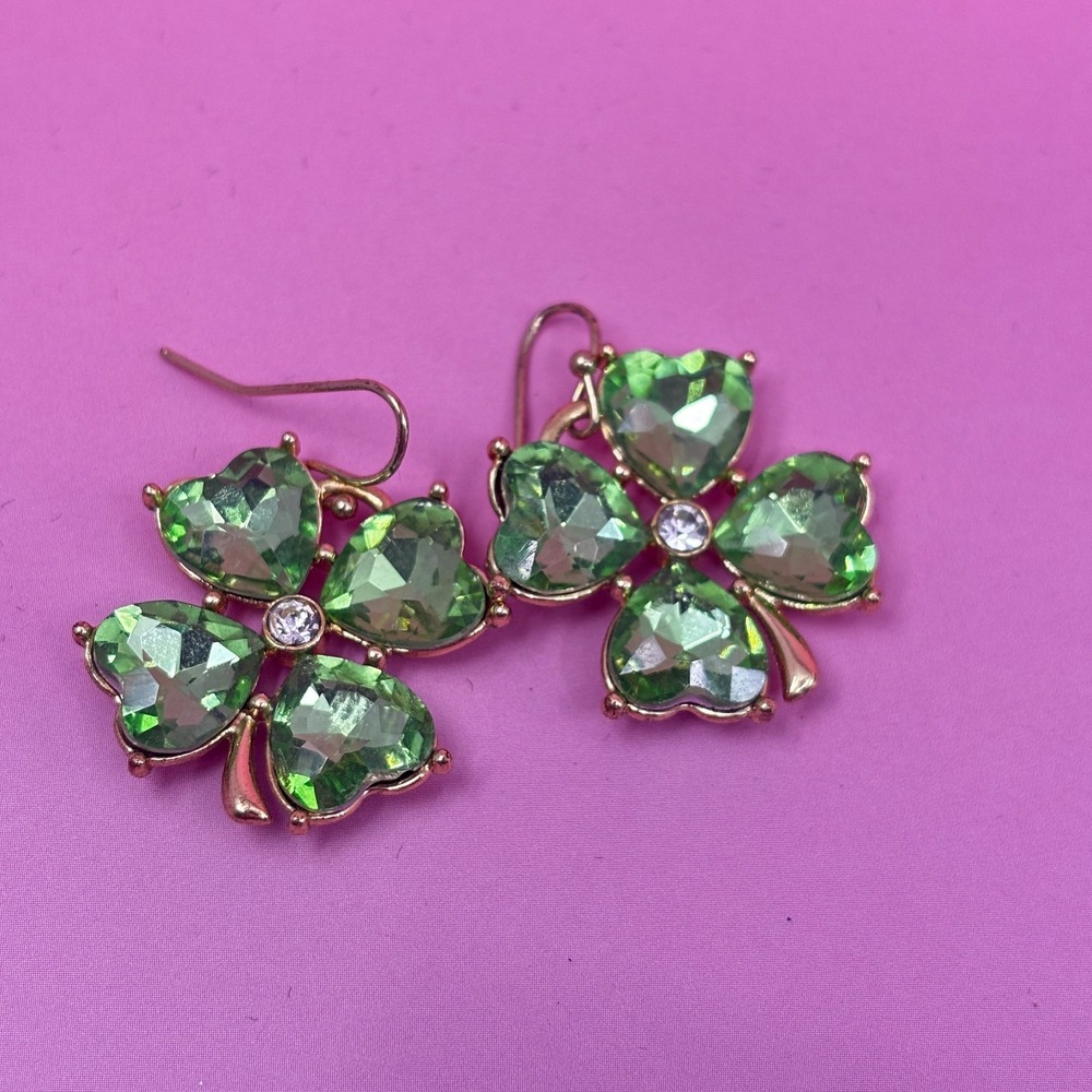 Green Rhinestone Clover Dangle Earrings Gold Tone St Patrick's Day Statement